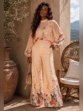 Peach Floral Print Wide-Leg Pant Set